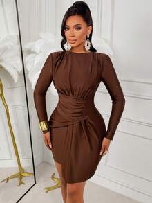 AIJ Amarilo Women's Fashionable Sexy Party Dress, Round Neck, Long Sleeve, Padded Shoulder, Waist Ruffle, Asymmetric Patchwork Design Mini Dress - Coffee - View 4