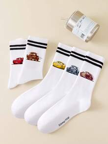 5/1 Pair Disney Men's Mid-Calf Socks, Black With Double Stripes And Car Pattern, Sports Socks - White - View 2