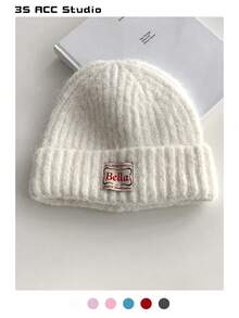 Gorro feminino de malha de cor sólida com proteção para orelhas, gorro quente e moderno para outono/inverno, adequado para uso casual