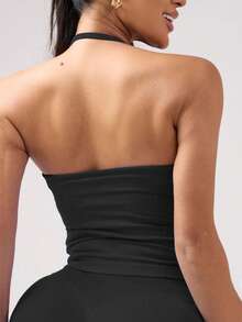 Women's Yoga Sports Bra Sleeveless Cropped Activewear Top, Elastic Fitness Workout Tank Top, Breathable - Black - View 8