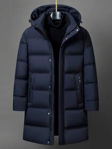 Men's Down Coat, Bench Coat, Long Coat, Cold Weather Wear, Water-Repellent Down Jacket, Simple Design, Detachable Hood, Thick Down Jacket, Solid Color, Quilted, Water-Repellent, Cold Protection, Windproof, Warm, Business, Casual, Couple's Winter Wear - Màu xanh lam - Xem 2