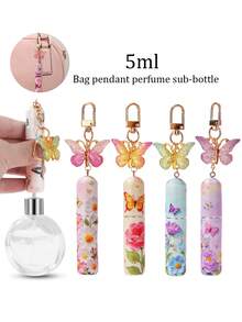 香水喷雾瓶，1/2个水晶蝴蝶吊坠香水瓶，带钥匙扣底部的香水分装瓶，5ml蝴蝶花朵印花香水分装工具，送给家人和朋友的生日礼物，节日礼物