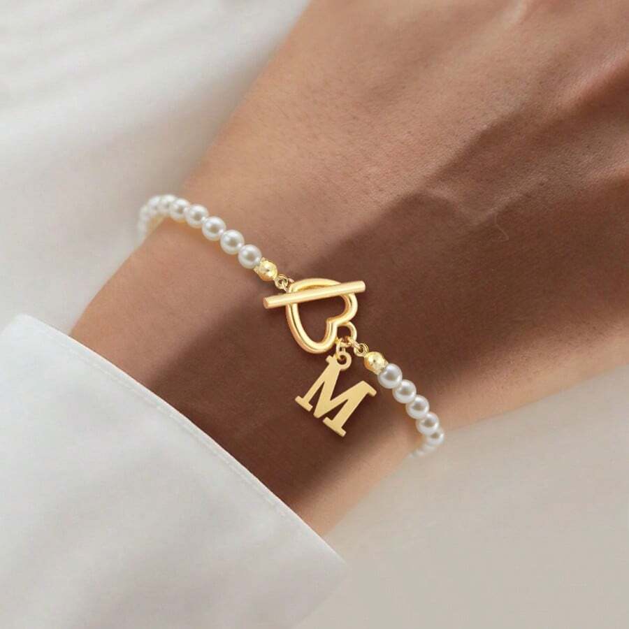 1pc Classic Stainless Steel Letter Beaded Bracelet, For Women - White - View 1