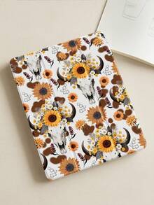 Una bellissima e carina custodia protettiva in acrilico trasparente con cristalli, dipinta a doppia faccia con un motivo floreale a girasole e testa di toro, antiurto, adatta per iPad di 7a, 8a e 10a generazione (10,2 pollici), con slot per la penna, supporta le funzioni di sospensione e riattivazione, ideale come regalo di Ognissanti o Capodanno.