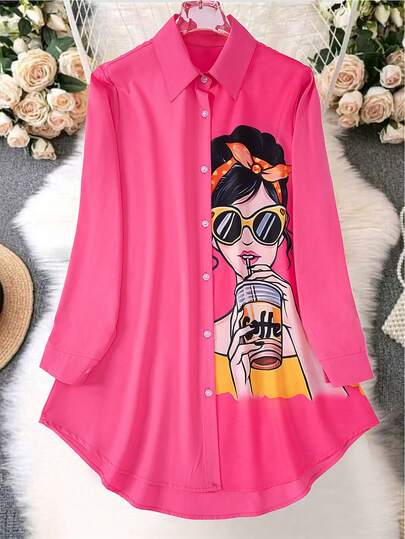 Plus Size Women's Cartoon Portrait Print Button Down Long Shirt