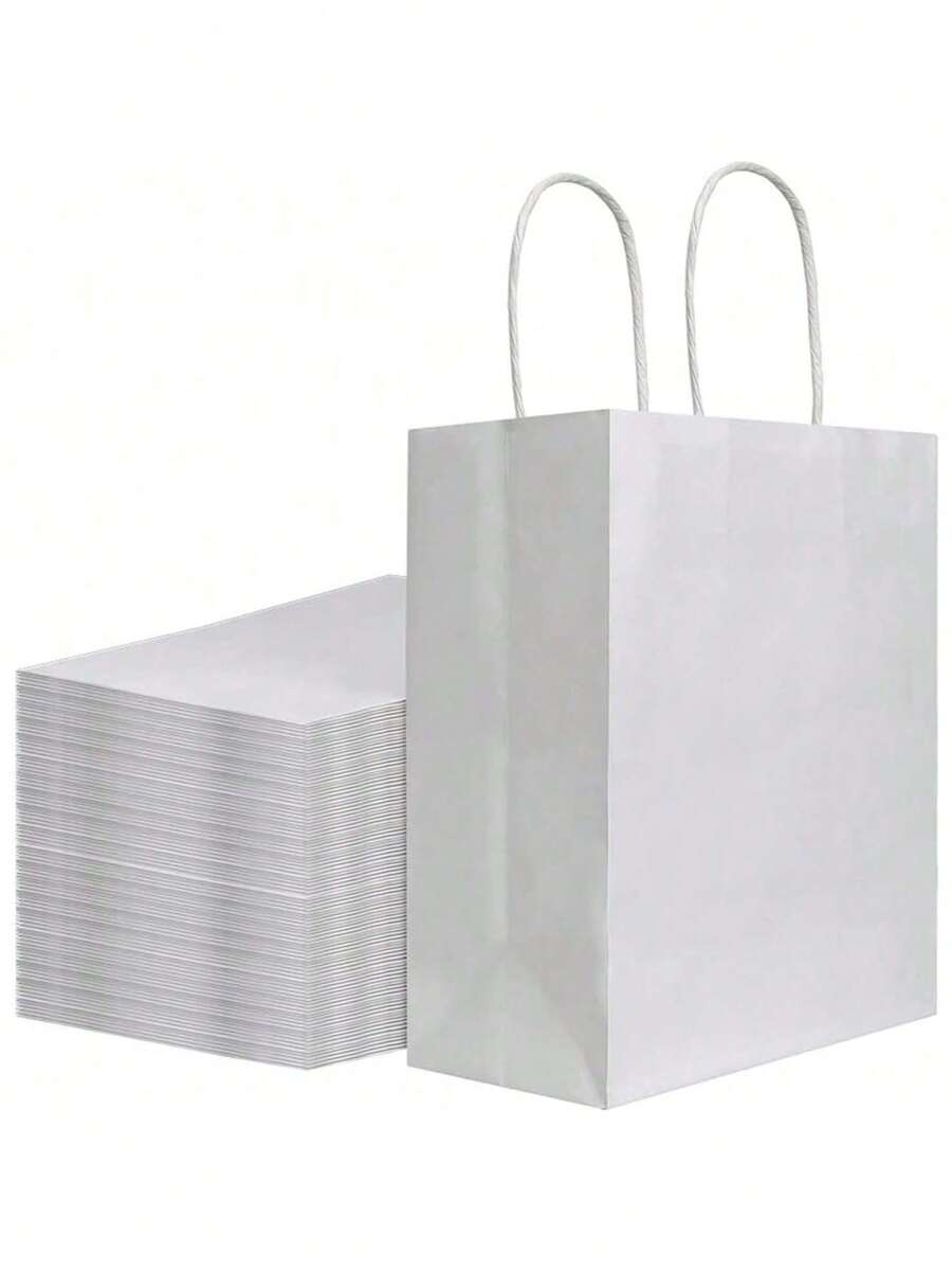 12个8英寸白色带提手礼品袋，牛皮纸材质，适用于生日、婚礼、情人节、新娘送礼会、单身派对、新娘送礼会回礼、婚礼回礼、万圣节、圣诞节等场合。 - 白色 - 查看 1