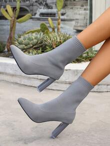 Women's Grey Chunky Heel Ankle Boots - Elastic Knit Pointed Toe High Heels, Suitable For Daily Wear, Performances, Holidays, Halloween Costumes