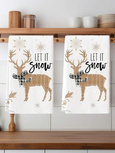 2 pièces Serviettes de cuisine thème Noël avec motif flocon de neige et renne. Serviettes de cuisine en microfibre de style campagnard, serviettes de bain décoratives