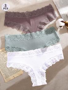 3 件装性感蕾丝内裤，轻薄透气棉质女士三角内裤