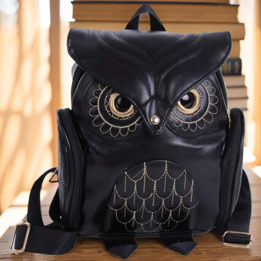 Black Owl-Shaped PU Backpack - Cartoon Halloween Design, Adjustable Shoulder Straps, Zipper Closure, Polyester Lining, Suitable For Both Men And Women As A Travel Or School Bag. - Black - View 1