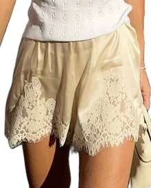 Mini Summer Lace Satin Shorts Lace Trim Casual Shorts For Women Beach Daily Wear - 香檳色 - 查看 1