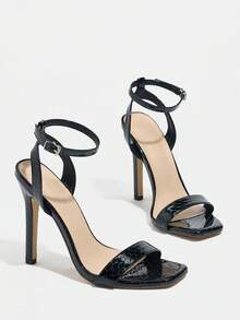 Jin Bei Qi Women's Square Toe Patent Leather Snakeskin Print Strap Criss-Cross Ankle Strap Open Toe Stiletto High Heel Sandals, Elegant, Luxurious, Fashion, Party, Sexy, Black High Heels - Black - View 5