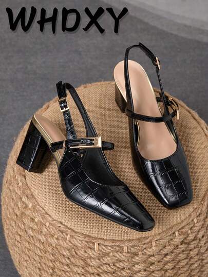 WHDXY 1 Pair Women's Square Toe Basic Slip-On High Heel Pumps, Sexy 7CM Chunky Heel Dress Shoes For Office, Flight Attendant, Formal Occasions