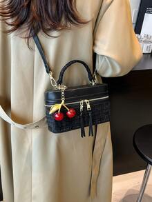 1 件女士时尚方形手提包，优雅斜挎包，带手机袋，黑色，带樱桃吊饰 - 黑色 - 查看 5