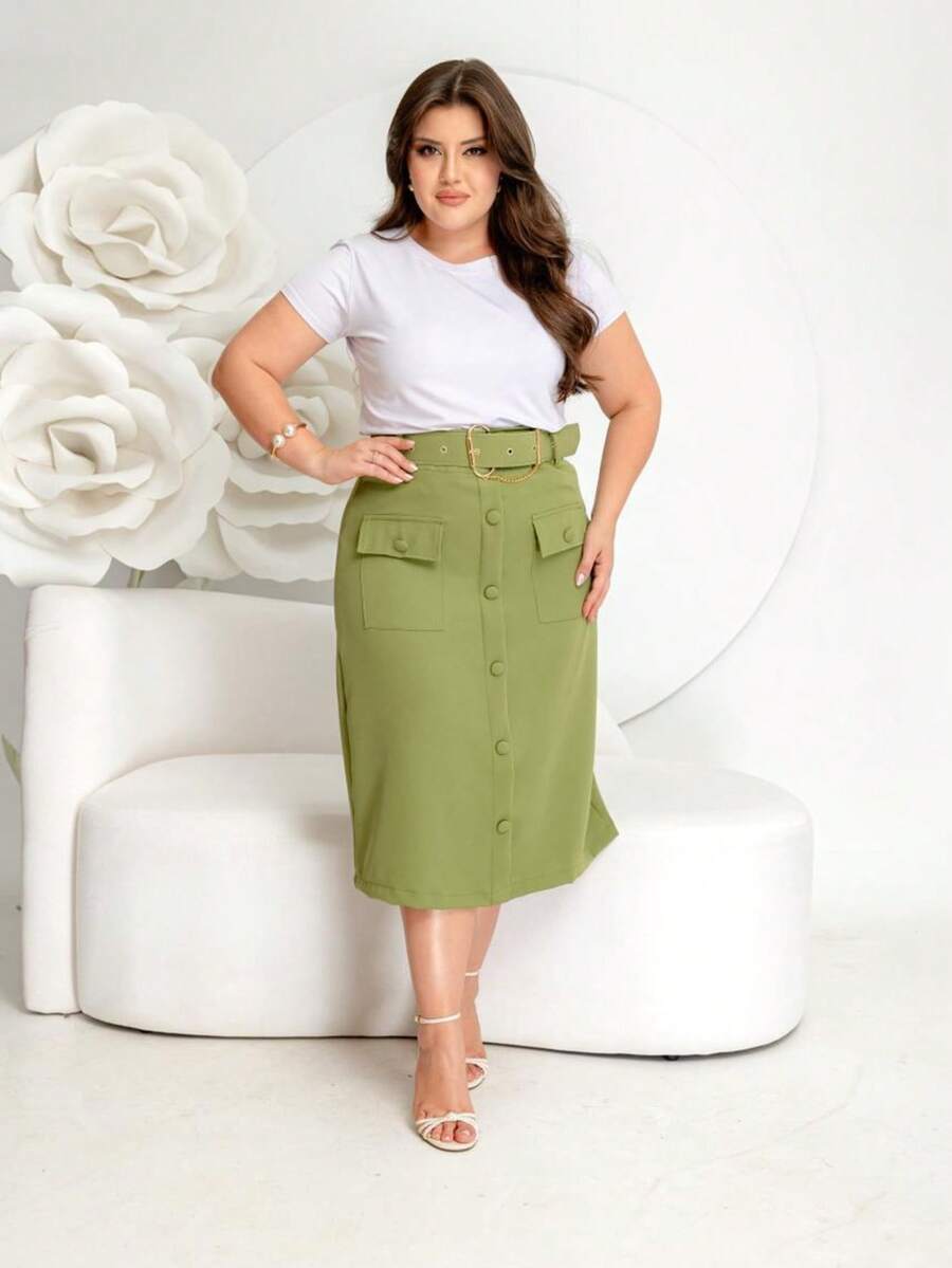 Elegant Tailored Evangelical Midi Skirt With Belt, Pocket And Buttons - 橄欖綠 - 查看 1