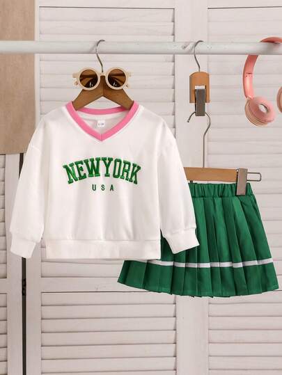 2pcs/Set Girls' Spring/Summer New Sporty & Energetic Letter Embroidery Contrast V-Neck Long Sleeve Sweatshirt + Pleated Mini Skirt, Girls Spring/Summer Outfit
