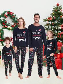 2pcs Christmas Family Matching Girls Snug Fit Pajamas, Fun Letter & Santa Hat Print Long Sleeve Top And Pants, Comfortable Soft Homewear Set, Holiday Gift - Multicolor - View 3