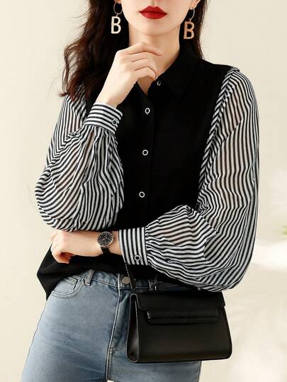 YUXIN 2025 Spring & Summer Korean - Style Striped Patchwork Shirt, Lantern - Sleeve Chiffon Patchwork, Loose & Slim, Daily Casual Top For Women