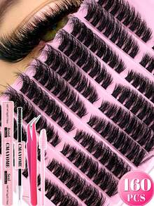 256/160 Stücke D-Curl Flauschige Katzenaugen Wimpern, Dicke 80D+100D Büschel Künstliche Wimpern, Linkshänder DIY Wimpern, Natürlich & Langlebig, Wasserfest, Wiederverwendbar, Geeignet für Anfänger, Alltag, Party, Reisen, Musikfestival - Schwarz - Übersicht 1