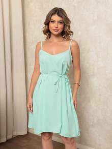 Short Women's Dress With Plain Straps And Crepe Cord, Varies In Colors - 淺綠色 - 查看 5