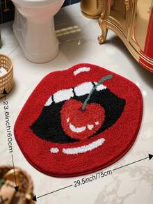 1 pieza Nuevo cojín decorativo de lana sintética con forma asimétrica de labios rojos grandes comiendo una cereza, 1200g/m², diseño creativo de labios de cereza, alfombra de piso adecuada para sala de estar, dormitorio, interior, lavable a máquina - Material de lana sintética suave, amigable con la piel, anti-pelusas, resistente al agua, inodoro, ideal para decoración del hogar, decoración de habitaciones, alfombra de sala de estar