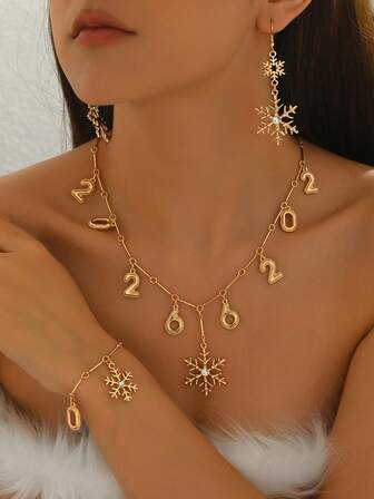 3pcs/Set Women Simple Fashion Creative 2026 & Snowflake Combination Multi-Pendant Necklace, 2026 Snowflake Bracelet, 3D Snowflake Dangle Earrings Jewelry Set, Suitable For Daily Wear, Festivals, Autumn/Winter, Parties