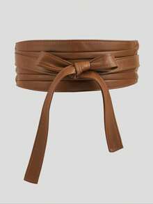 1 件女士休闲纯色 PU 打结腰带，复古棕色系带腰带，波西米亚优雅宽腰带，适合礼服、派对、音乐节