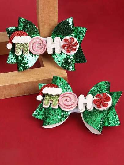2pcs Sparkly Christmas Bow Hair Clips For Girls - Festive Hat Design, Polyester, Perfect Holiday Gift, Claw Clips, Hair Claws, Hair Slide, Hair Barrettes