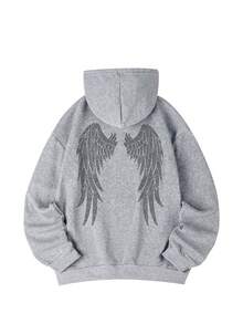 Autumn/Winter New Minimalist Fashion Rhinestone Wing Print Casual Hooded Fleece Sweatshirt, Versatile For Daily Wear - Dark Gray - View 16