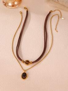 GEREIT Set de 2 collares de acero inoxidable con piedra de ojo de tigre para mujeres, accesorio versátil para otoño/invierno