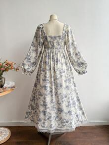 Rusttydustty 女士浪漫法式乡村风格印花长袖连衣裙，收腰设计，适合网络星期一、圣诞节、感恩节和新年等节日派对穿着。