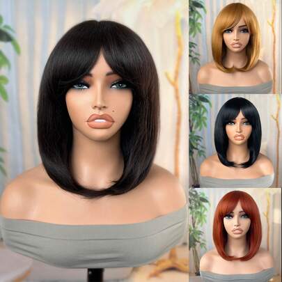 18 Inch Straight Synthetic Wig With Bangs Bob Wig Heat Resistant Perfect For Daily Wear Cosplay And Parties