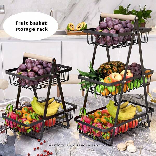 1pc Detachable Double/Triple-Tier Fruit & Vegetable Basket With Wooden Handle, Large Capacity Kitchen Storage Rack,Black Basket For Christmas, New Year Valentine's Day, Christmas Gifts