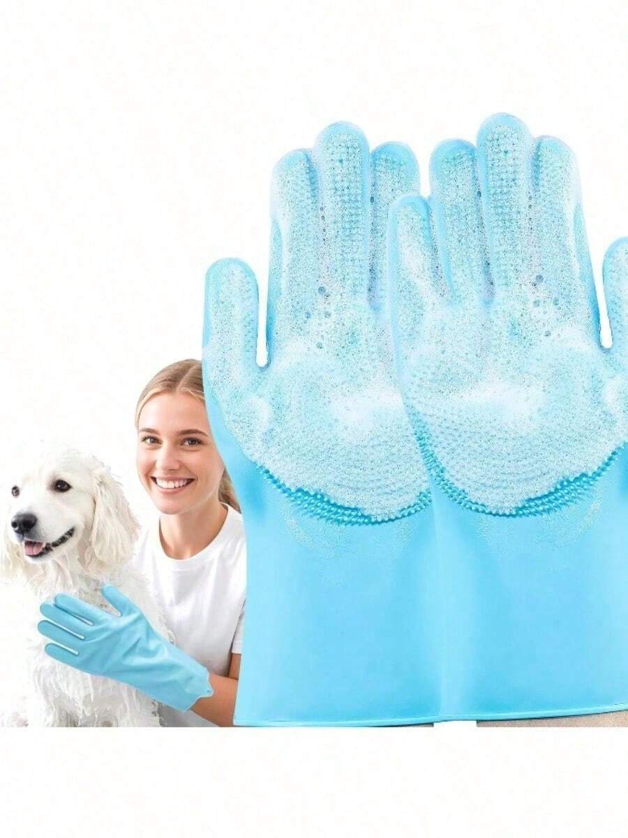 Heat Resistant Extra Long Pet Bath Gloves - Textured Latex Rubber Gloves For Dog Washing, Dishwashing & Household Cleaning, Slip Resistant & Durable - Màu xanh lam - Xem 1