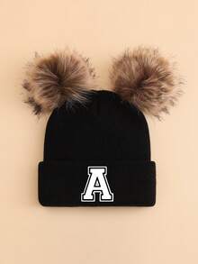 1 pieza Gorro de punto personalizado con letra A-Z para niños, gorro de punto suave y cómodo con doble pompón, adecuado para otoño/invierno, vuelta al colegio, cálido y a prueba de viento para niños y niñas