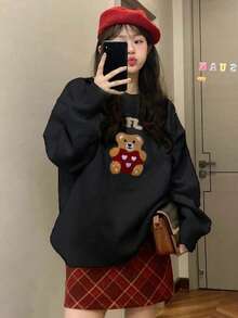 Damen Loose Fit Bären Muster Pullover Sweater mit gemütlicher Weihnachtsstimmung, Langarm gestrickter Rundhals Oberteil für Herbst Winter, für den täglichen Gebrauch, Schule, Outdoor Outfit, Langarm Oberteil, Süß, Schulkleidung