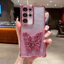 渐变闪光蝴蝶支架/四角闪光/防震手机壳，兼容苹果 11/12/13/14/15/16 Pro Max 系列，兼容三星 Galaxy S25/S24/S23/S22 系列/A 系列，兼容 OPPO，兼容红米，兼容摩托罗拉，兼容 Pixel 等。 - 粉色 - 查看 1