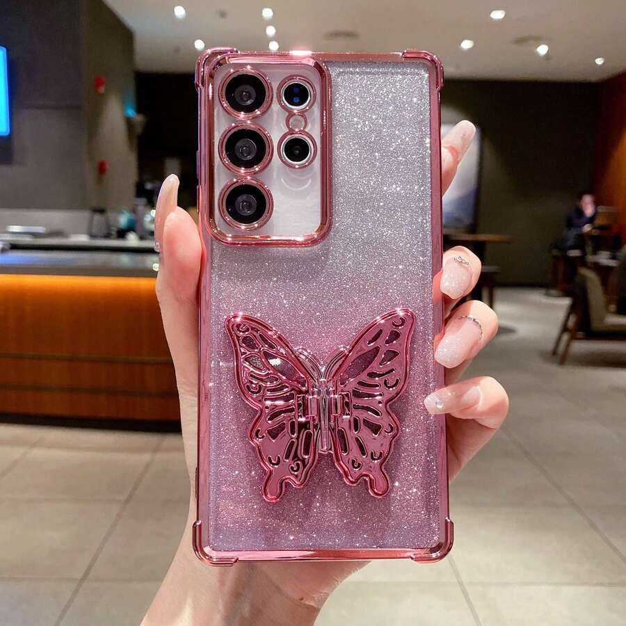 渐变闪光蝴蝶支架/四角闪光/防震手机壳,兼容苹果 11/12/13/14/15/16 Pro Max 系列,兼容三星 Galaxy S25/S24/S23/S22 系列/A 系列,兼容 OPPO,兼容红米,兼容摩托罗拉,兼容 Pixel 等。 - 粉色 - 查看 1