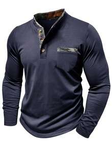 秋季大码男士长袖亨利衫 - 藏蓝色 - 查看 3