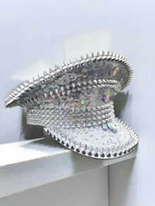 HongLuan 1pc Shiny Silver Polyester Steampunk Rhinestone Captain Hat For Women & Men, Suitable For Halloween Costumes, Bachelorette Party, Cosplay, Christmas, Adult Party, Bar, Music Festival, Cruise Party, Masquerade Ball, Bachelor Party, Carnival, Travel, Women's Gathering - Silver - View 7