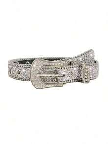 1pc Rhinestone Decor Metal Ring Buckle Belt, Suitable For Daily Matching