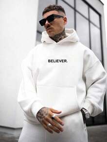 Men's Letter Print Minimalist Hoodie - White - View 3