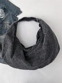Túi đeo vai Hobo vải jeans màu trơn cỡ lớn mới, kiểu dáng đơn giản, sang trọng, dung tích lớn, có khóa kéo, thích hợp cho việc mua sắm, đi làm, đi học, sinh viên đại học, nhân viên văn phòng và tân binh, túi xách nữ phong cách tối giản - màu đen - Xem 6