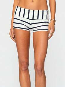 Women Y2k Foldover Waist Low Rise Mini Shorts Summer Casual Striped/Solid Color Skinny Shorts Beach Vacation Club Streetwear Boycon Shorts Micro Shorts Loungewear - 黑與白 - 查看 3