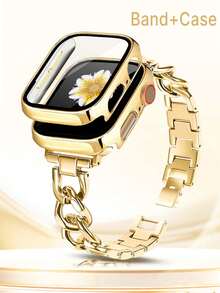 1pc Gold Hollow Chain Bracelet Wristband Metal Band & Gold Protective Case With Screen Protector For Apple Watch Ultra 3/2/1, SE, S10-S1, 38mm/40mm/41mm/42mm/44mm/45mm/46mm/49mm, Suitable For Men And Women, Elegant Gift