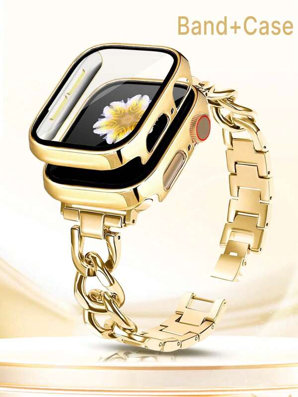 1 pulseira de corrente dourada oca com pulseira de metal e capa protetora dourada com protetor de tela para Apple Watch Ultra 3/2/1, SE, S10-S1, 38 mm/40 mm/41 mm/42 mm/44 mm/45 mm/46 mm/49 mm, adequada para homens e mulheres, presente elegante