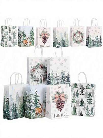 6/12/24 件圣诞纸质礼品袋，带手柄的雪花派对礼品袋，适合圣诞冬季派对用品、礼品和圣诞派对的装饰袋，带手柄的驯鹿圣诞礼品袋圣诞节圣诞装饰品圣诞睡衣圣诞礼物圣诞装饰