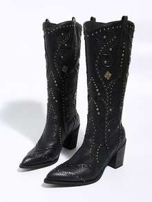 2025 Nouvelles bottes mode femme, style western  avec rivets, bout pointu, talon épais. Idéal pour les vacances en automne/hiver