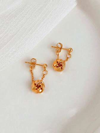 1 Pair Vintage Gold-Tone Twist Knot Design Earrings, Fashionable & Versatile Front & Back Stud Earrings