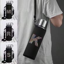 1pc 550-1500ML Sports Water Bottle Case Insulated Bag Initial Letters A-Z Printing Crossbody Cup Protector Sleeve With Strap Adjustable Carrier For Mug Bottle Holder - Black - View 9